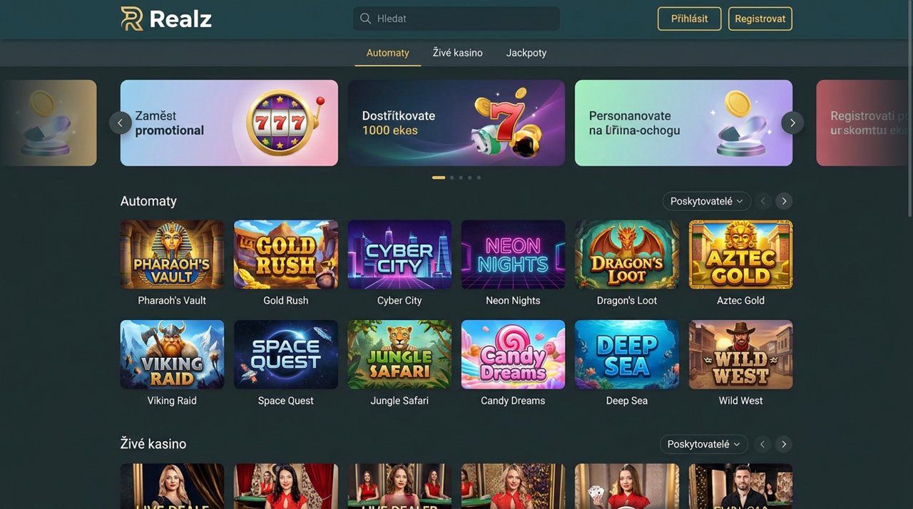 Úvodní stránka online casina Realz s nabídkou automatů a živého casina