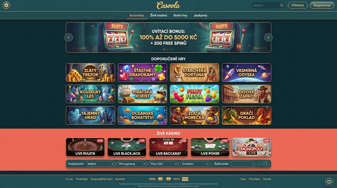 Ukázka hlavní stránky online casina Casoola s nabídkou automatů a živého kasina