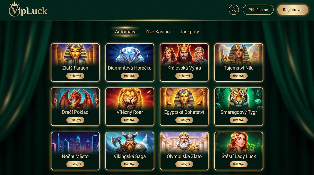 Úvodní stránka online casina VIPLuck s nabídkou automatů a živého kasina